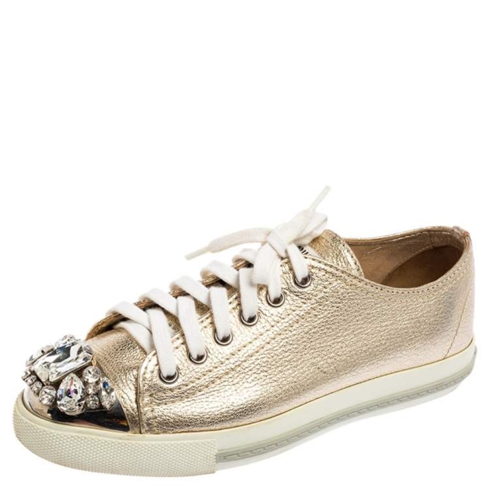Miu Miu Metallic Gold Leather Crystal Metal Cap Toe Sneakers Size 35
